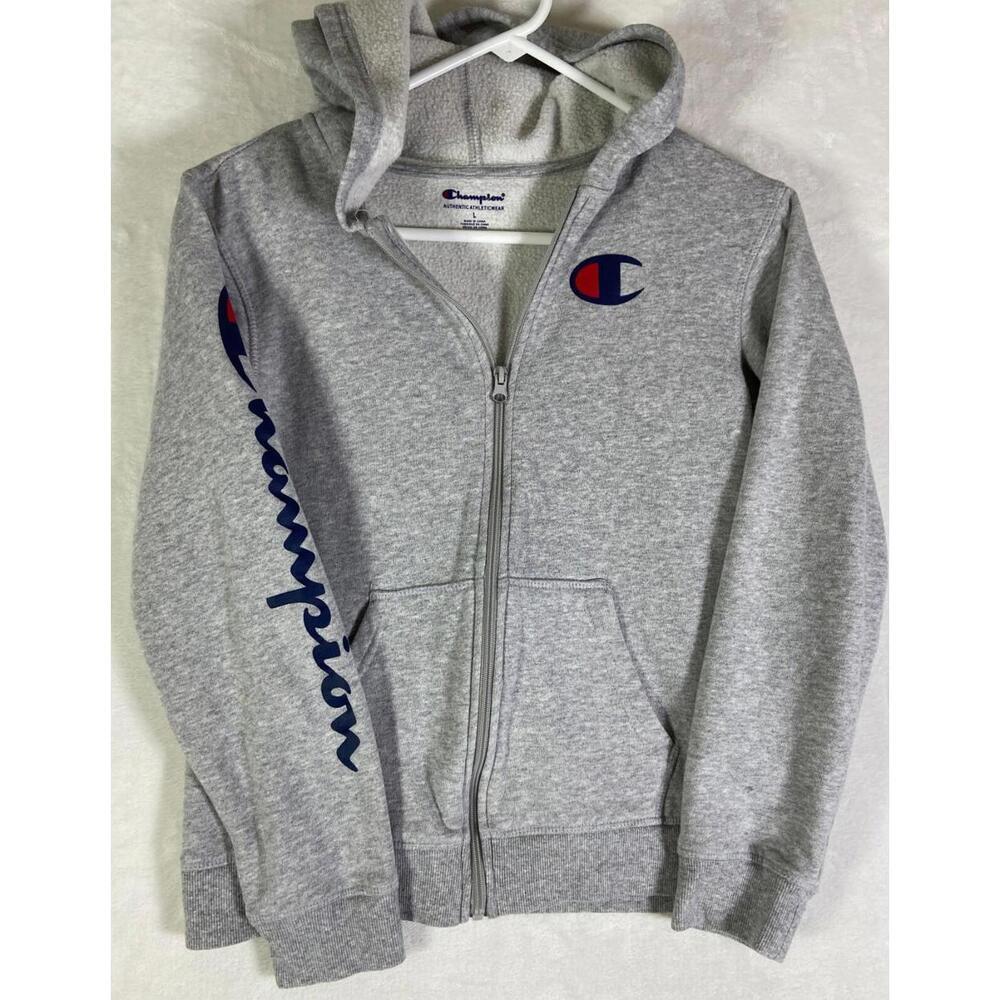 Champion Sweatshirt Youth Kid Large Gray Full Zip Cotton Blend Spell Out